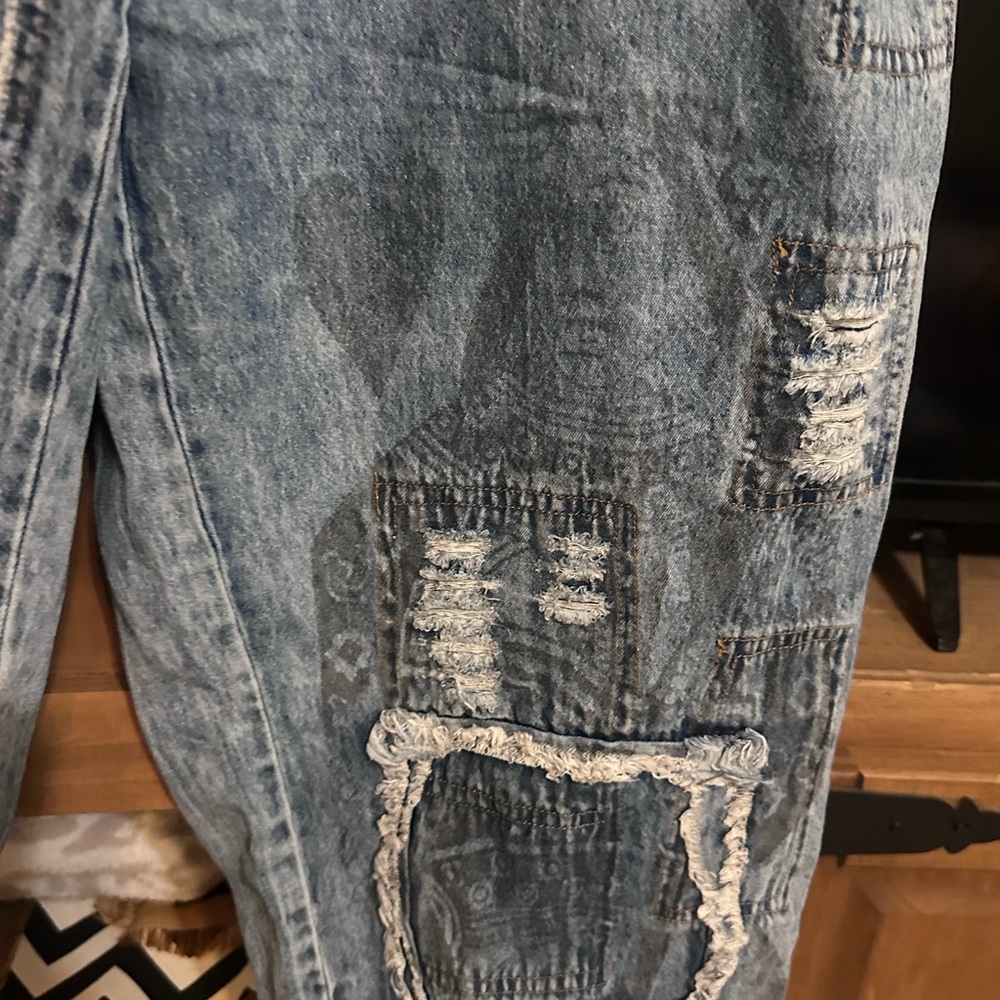 Patchwork Distressed Denim Overalls - Light Blue - image 2